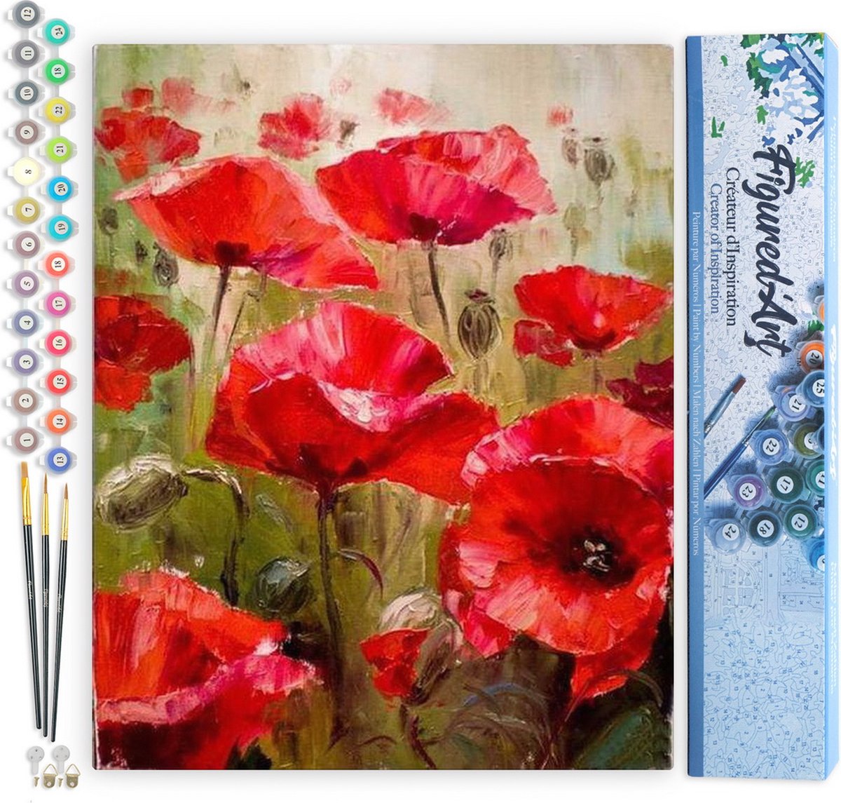 FiguredArt Schilderen op Nummer Volwassenen canvas Veld met klaprozen - Handwerk acrylverf Kit DIY Compleet - 40x50cm zonder frame